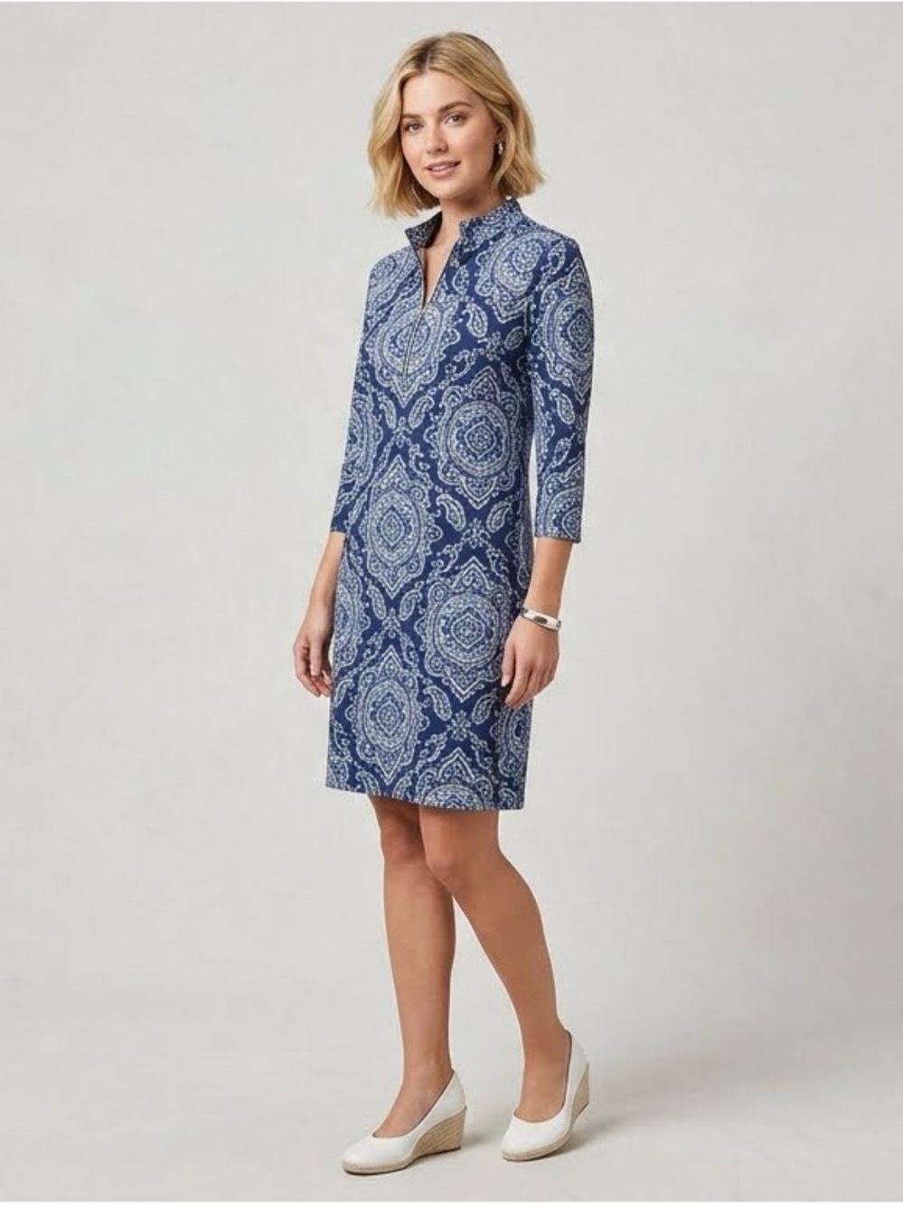 J. McLaughlin Navy and light blue Paisley Shift Dress EUC size S Catalina Cloth